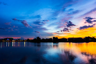 Scenic view of lake against sky at sunset