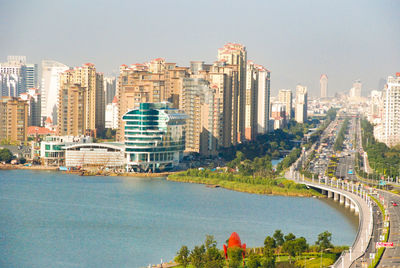 Panoramic view of cityscape against clear sky