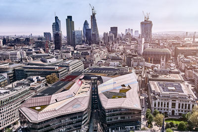 High angle view of modern buildings in city of london