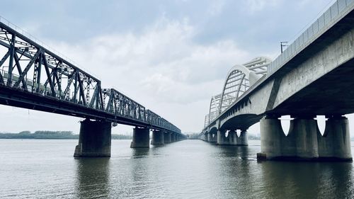 Low angle view of bridge over river against sky