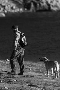 Rear view of man with dog on street