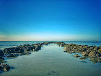 Scenic view of sea against clear blue sky