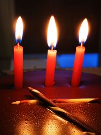 Close-up of burning candles on a birthday cake