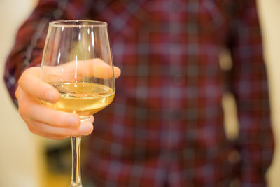 Close-up mid section of man holding wine glass
