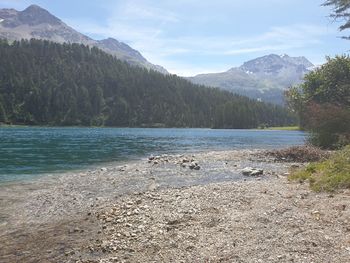 Scenic view of lake and mountains against sky