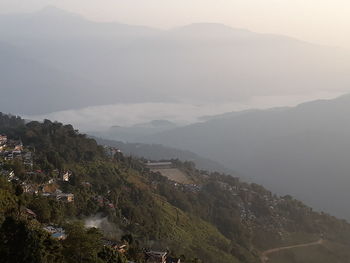 High angle view of mountains against sky