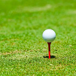 Close-up of golf ball on tee