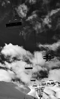 Low angle view of overhead cable car against sky