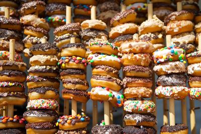 Close-up of donuts for sale at market