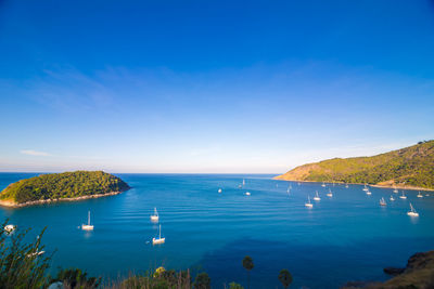 Scenic view of bay against clear blue sky