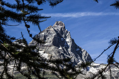 Low angle view of snowcapped mountains against sky