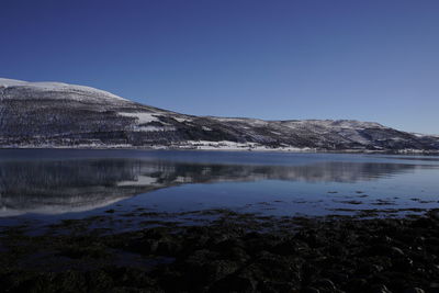 Scenic view of lake and mountains against clear blue sky