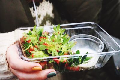 Close-up of hand holding strawberries in container