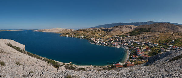 Panoramic shot of sea against clear blue sky