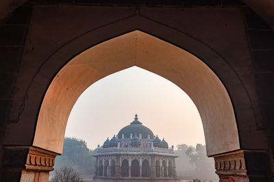 Nila gumbad of humayun tomb exterior view at misty morning from unique perspective