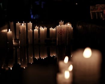 Close-up of lit candles in temple