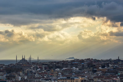 High angle view of townscape against sky at sunset