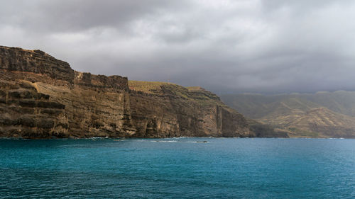 Scenic view of sea and mountains against sky