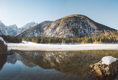 Scenic view of lake by snowcapped mountains against sky