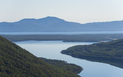 Scenic view of lake and mountains against sky