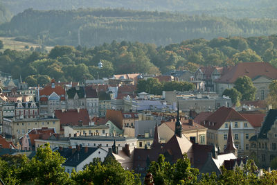 High angle view of buildings in city