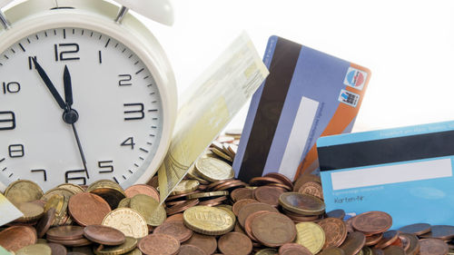 Close-up of coins on table