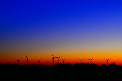 Silhouette of wind turbines during sunset