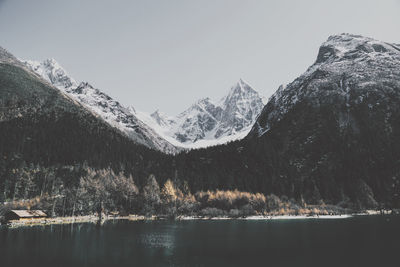 Scenic view of snowcapped mountains against clear sky