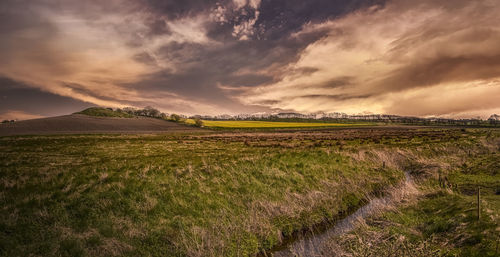 Scenic view of field against sky during sunset