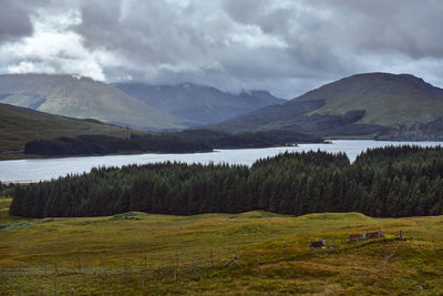 Scenic view of lake and mountains against sky