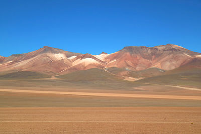 Scenic view of mountains against clear blue sky