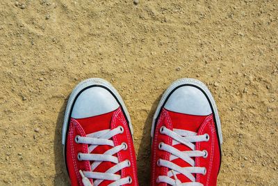 Low section of person in canvas shoe standing outdoors