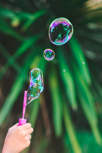Cropped hand of person holding bubble wand against plants