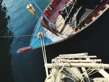 High angle view of fishing boat sailing in sea