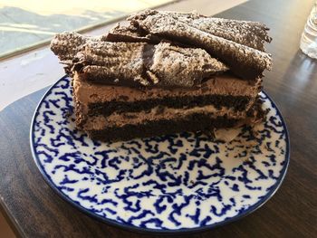 High angle view of cake in plate on table