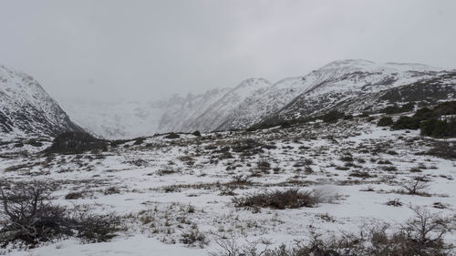 Scenic view of snow covered mountains against sky