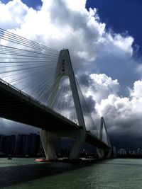 Low angle view of bridge over river against cloudy sky