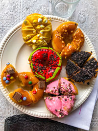 High angle view of dessert in plate on table