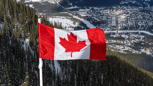 Scenic view of red flag on lake