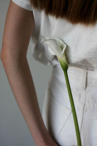 Midsection of woman standing by white flower