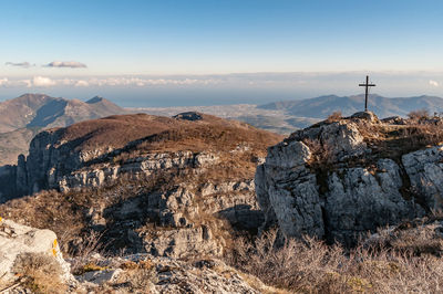 Rock formations on landscape against sky