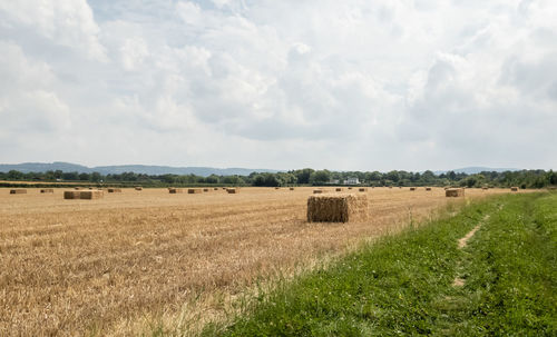 Hay bales on field against sky