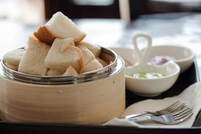 Close-up of ice cream in bowl on table