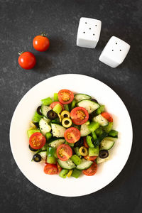 High angle view of salad in plate on table