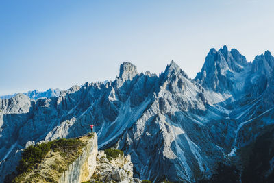 Panoramic view of snowcapped mountains against clear sky