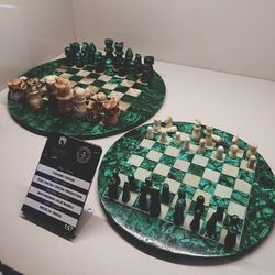 High angle view of chess pieces on table