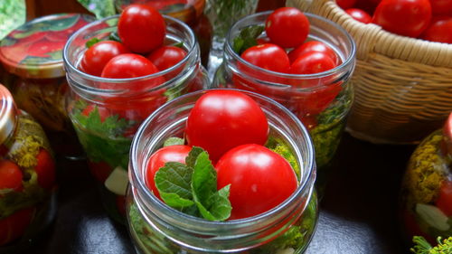 Close-up of tomatoes in basket on table