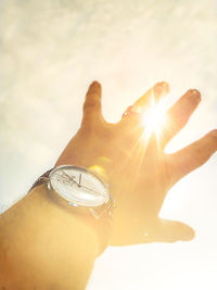 Close-up of woman hand holding glass against sky