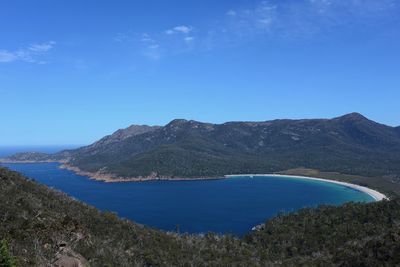 Scenic view of sea and mountains against sky