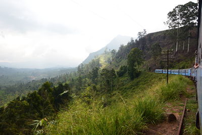 Scenic view of green landscape and mountains against sky